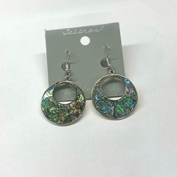 Vintage Taxco Mexican Alpaca Abalone Hoop Earrings - Picture 1 of 4